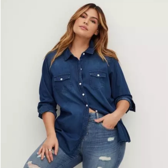 Torrid Taylor Long Sleeve Button Front Shirt Chambray Denim Size 0X - Picture 1 of 6